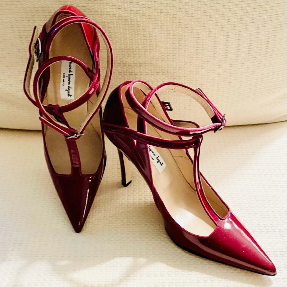 New! HENRI LEPORE DEZERT Carmela Burgundy Patent Crossback Heels  Shoes - Picture 9 of 12